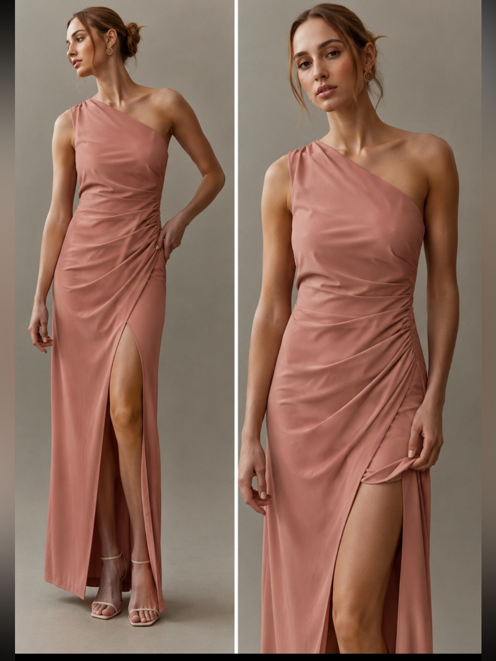 Anthropologie NWT BHLDN Scottie One-Shoulder Side-Slit Stretch Satin Maxi Dress